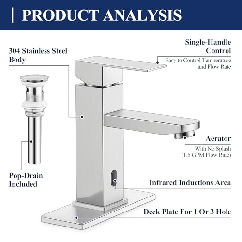 Herogo Touchless Bathroom Faucets Brushed Nickel Stainless Steel Automatic Motion Sensor Bathroom Faucet RV Bar Sink Faucet for 1-3 Hole Single-Handle with Pop Up Drain Stopper Water Supply Hoses - color: Brushed Nickel