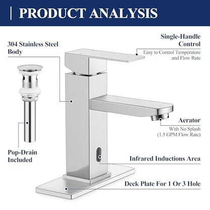 Herogo Touchless Bathroom Faucets Brushed Nickel Stainless Steel Automatic Motion Sensor Bathroom Faucet RV Bar Sink Faucet for 1-3 Hole Single-Handle with Pop Up Drain Stopper Water Supply Hoses - color: Brushed Nickel