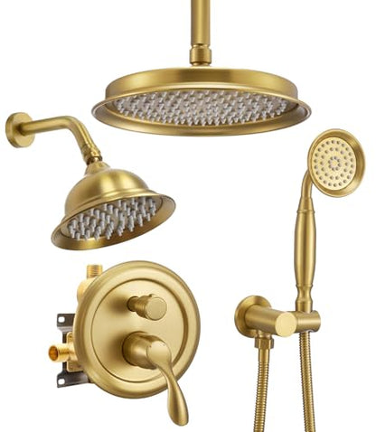 DASAN Antique Dual Shower Head Faucet Set, Brushed Gold Dual Rain Shower Head System Complete Double Head Shower Fixture Combo, 9'' & 6'' Dual Rainfall Overhead Shower with Handheld, Valve & Trim - color: Brushed Gold