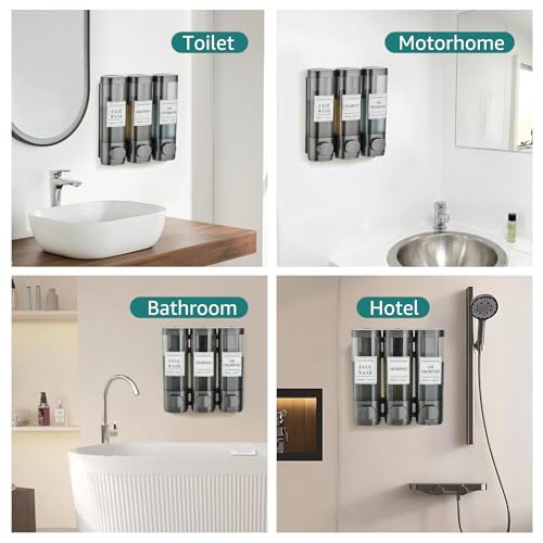 Shower Soap Dispenser 3 Chamber No Drill Wall-Mounted Shampoo Dispenser | Shampoo and Conditioner Dispenser,Wall Mounted Shower Dispenser for Bathroom Hotel Large Capacity,Gun Gray - color: 3gray
