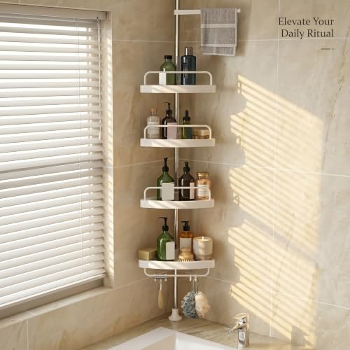 Corner Shower Caddy Tension Pole: 4-Tier Large Capacity Bathroom Organizer Shelf with Towel Bar - Rustproof No-Drill Adjustable, Home Bathtub Stand Rack, White