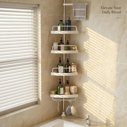 Corner Shower Caddy Tension Pole: 4-Tier Large Capacity Bathroom Organizer Shelf with Towel Bar - Rustproof No-Drill Adjustable, Home Bathtub Stand Rack, White