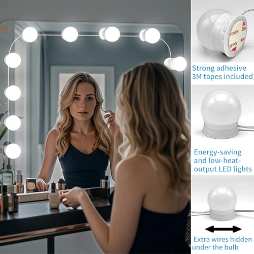 LED Vanity Mirror Lights with 14 Dimmable Bulbs, 3000K 4500K 6500K & 10 Brightness Levels Adjustable, Plug in USB Cable, Hollywood Style Stick On Mirror Lights for Makeup Desk Bathroom Dressing Room - size: 14 Bulbs
