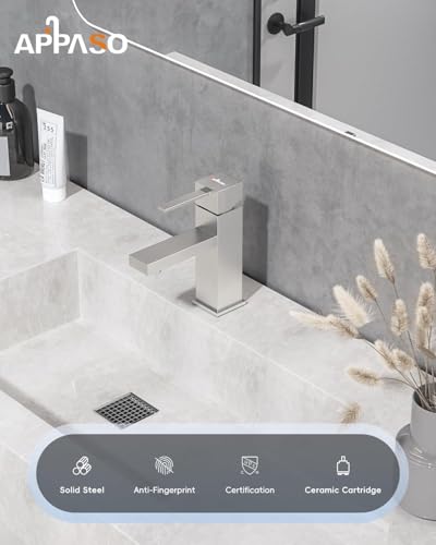 APPASO Bathroom Faucets with Deck Plate for 1-3 Hole Sink Brushed Nickel | Single Hole with Pop Up Drain Assembly, Modern Bathroom Faucet Single Handle Stainless Steel for Vanity Lavatory Basin - color: Brushed Nickel-2