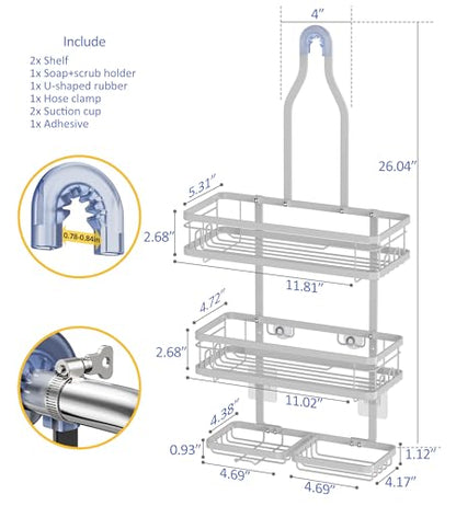 OMAIRA Shower Caddy Hanging with Soap Scrub Holder, Stainless Steel Adjustable No Drilling Non-Slip Large Capacity Sturdy Over Shower Head Shower Organizer Inside Shelves Bathroom Storage Rack, White - color: White