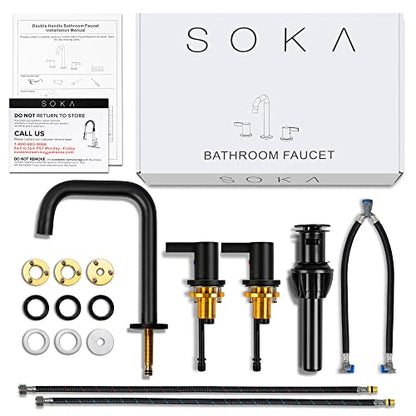 SOKA 8-16 Inch Widespread Bathroom Faucet 2 Handles Matte Black Commercial Sink Touch 3 Pieces Vanity Lavatory 360 Degree Rotating Faucet Pop Up Drain Assembly - color: Matte Black, size: 8" Gooseneck