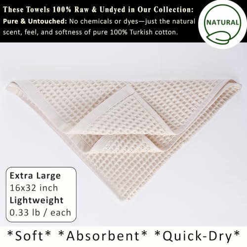 PÜSKÜL Natural 100% Turkish Cotton Waffle Hand and Kitchen Towels Set of 3 | Raw-Undyed, Large 32x16 inc, Honeycomb-Waffle weave towel for bathroom & kitchen. Premium quality oeko-tex made in Turkey. - color: Natural Raw-undyed, size: Kitchen & Hand Towel