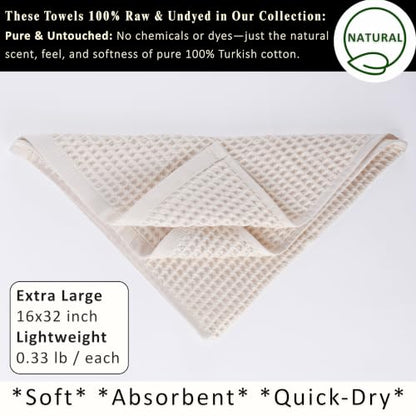 PÜSKÜL Natural 100% Turkish Cotton Waffle Hand and Kitchen Towels Set of 3 | Raw-Undyed, Large 32x16 inc, Honeycomb-Waffle weave towel for bathroom & kitchen. Premium quality oeko-tex made in Turkey. - color: Natural Raw-undyed, size: Kitchen & Hand Towel
