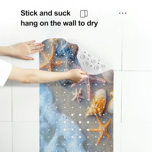 LNOND Summer Beach Bathtub Mat Non Slip, 40 X 16 Inch Tub Mat for Bathroom, Beach Starfish Shell Bath Tub Shower Mat with Drain Holes and Suction Cups - color: Beach Starfish Shell Bathtub Mat