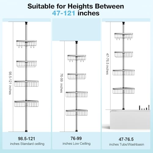 Corner Shower Caddy Tension Pole: Stainless Steel Rustproof 4-Tier Shower Organizer - 47-121 inch Adjustable Bathroom Shelves for Bathtub Shampoo Storage - Tension Rod Floor Standing Bath Rack - style: B Styel-Grey