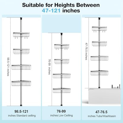 Corner Shower Caddy Tension Pole: Stainless Steel Rustproof 4-Tier Shower Organizer - 47-121 inch Adjustable Bathroom Shelves for Bathtub Shampoo Storage - Tension Rod Floor Standing Bath Rack - style: B Styel-Grey