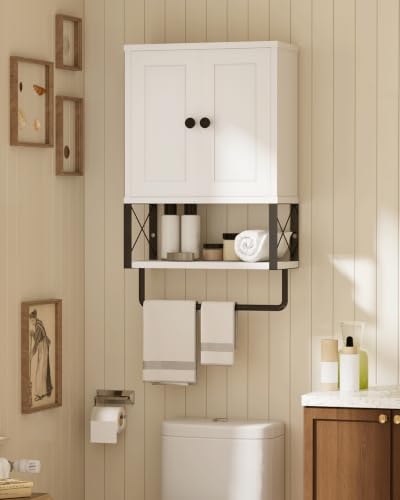 Bathroom Wall Cabinet, White Medicine Cabinet with Towel Rack | 2 Doors & Adjustable Shelves 2 Hooks, above toilet storage cabinet, for Bathroom Laundry Room, Living, Kitchen UXYYG024W