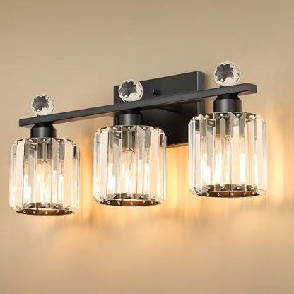 3-Light Black Modern K9 Crystal Vanity Lights, Black Bathroom Light Fixtures Stainless Steel Crystal Vanity Light Fixture | Black Bathroom Light Fixtures Stainless Steel Crystal Vanity Light Fixture - color: Black, size: Linear-3-Light