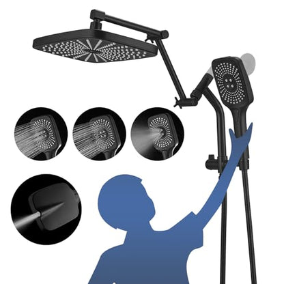 12" High Pressure Rain/Rainfall Shower Heads With Handheld Spray Combo (3+1 Settings & Built-in Power Wash Mode), Double/Dual Shower Head With Handheld - Height/Angle Adjustable(Matte Black) - color: Matte Black, size: 12 Inch
