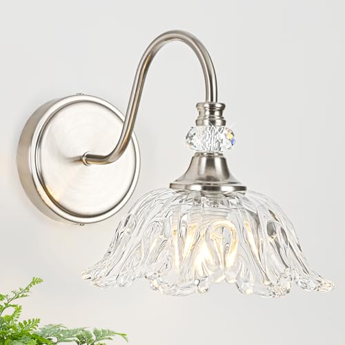 1 Piece Brushed Nickel Wall Sconce with Flower Shade | Brushed Nickel Wall Sconce,Flower Glass Shade,E26 Base,for Bathroom,Living Room,Bedroom - color: Nickel, size: 1-Light