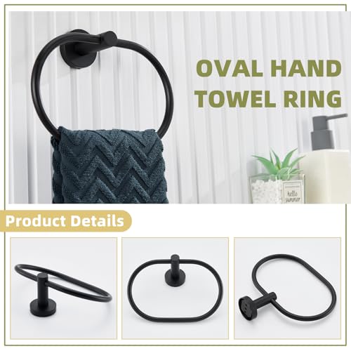 Matte Black Bathroom Hardware Set, 2-piece, 304 Stainless Steel | Bathroom Accessories Set for Bathroom Restroom, 180° rotating Towel Ring, Open-arm Toilet Paper Holder, Drilling Mounted - color: Matte Black Oval Shape