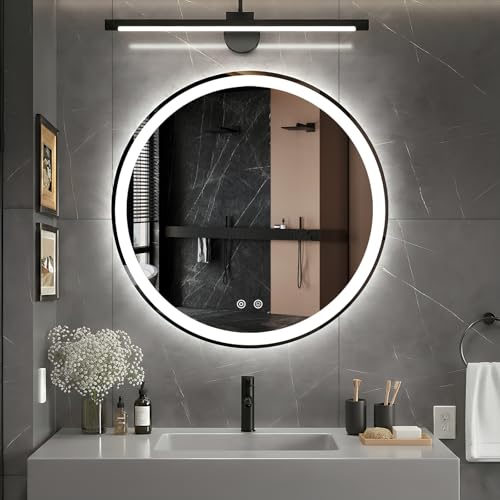 DUMOS 28 Inch Round LED Bathroom Mirror with Lights, Circle Vanity Mirror | Anti-Fog, Dimmable, 3-Color Light, Front Light and Backlit, Memory Function, Tempered Glass - color: White-round, size: 28"L x 28"W