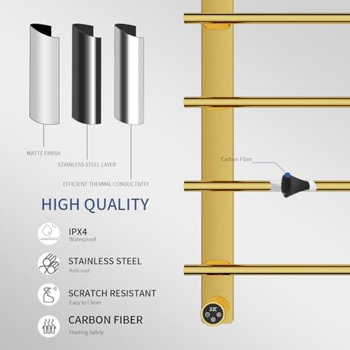 VJASS Electric Heated Towel Warmer with Timer, Wall Mounted Stainless Steel Towel Rack, 4-Bar Fast Heating Towel Drying Rack for Bathroom, Hardwired/Plug-in Options (Brushed Gold) - color: Brushed Gold