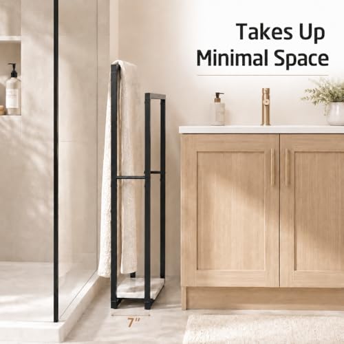 KES Standing Towel Rack, Heavy Marble Base, 2-Tier Floor Stand, Matte Black | 7.39 Lb Marble Base, Prevents Tipping, 34.3" & 38.2" H Fit Bath Sheets, Shelf Storage for Towels and Toiletries