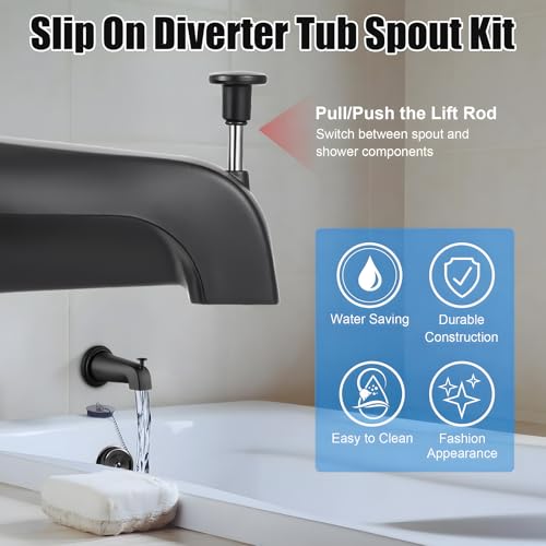 Diverter Tub Spout Compatible with Kohler GP85556-CP (Matte Black) | Slip On Bathroom Bathtub Faucet Replacement for 1/2"Copper Water Tube, Metal Cover Ring and Foam Gasket Included - color: Matte Black