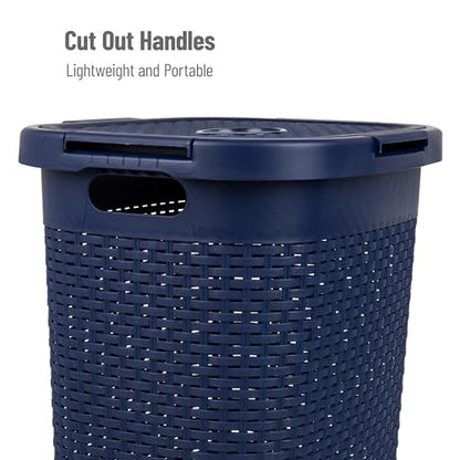 Mind Reader Slim Laundry Hamper with Lid, 60L Tall Clothes Basket, Narrow Tapered Design for Bathrooms, Closets and Laundry Rooms, Plastic, Navy - color: Navy, size: 1 Piece
