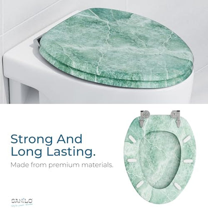 SANILO Wooden Toilet Seat with Soft Close [ELONGATED] - Decorative, Quiet & Slow Close Molded Wood Seat - With Strong Bumpers & Hinges - Adjustable Fit - Marble Green - color: Marble Green