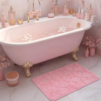 Tinideya Pink Bow Pink Memory Foam Bath Mat 24''x16'' Bow Bathroom Rug Cute Coquette Bathroom Decor Soft Absorbent Non Slip Aesthetic Bath Carpet for Bathtub Shower Floor Bedroom Living Room