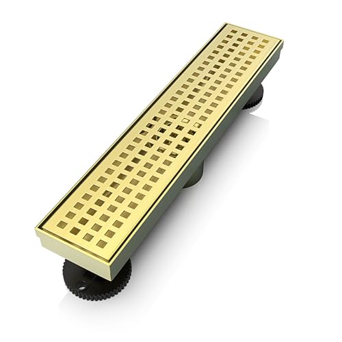 WEBANG 12 Inch Linear Shower Drain Rectangular Floor Drain with Accessories Square Hole Pattern Cover Grate Removable SUS304 Stainless Steel CUPC Certified Brushed Gold - color: Brushed Gold, size: 12 Inch