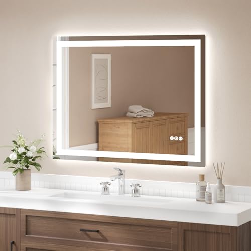 USHOWER 48x36 Inch LED Bathroom Mirror for Over Sink | Tempered Glass - Frameless Backlit Lighted Mirror for Bathroom Vanity with Anti-Fog, 3 Colors Dimmable, Memory Function - size: 48"L x 36"W