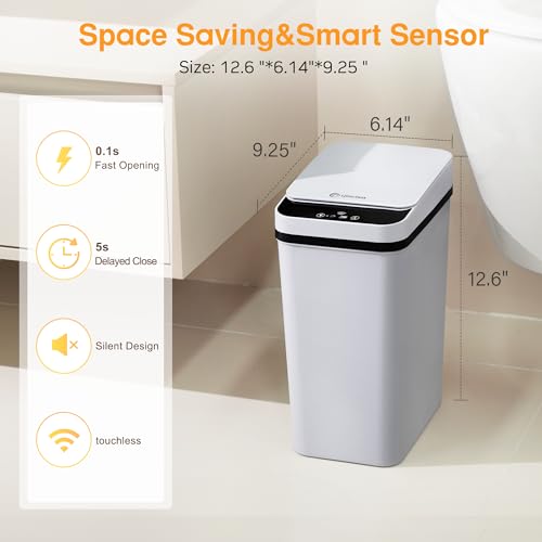 Automatic Bathroom Trash Can Touchless 2.6 Gallon Small Trash Cans with Lid Narrow Garbage Can for Kitchen, Toilet, Bedroom, RV, Living Room - color: Grey Battery, size: 2.6 Gallons