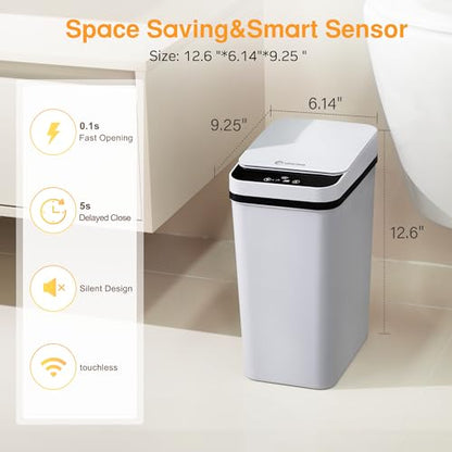 Automatic Bathroom Trash Can Touchless 2.6 Gallon Small Trash Cans with Lid Narrow Garbage Can for Kitchen, Toilet, Bedroom, RV, Living Room - color: Grey Battery, size: 2.6 Gallons
