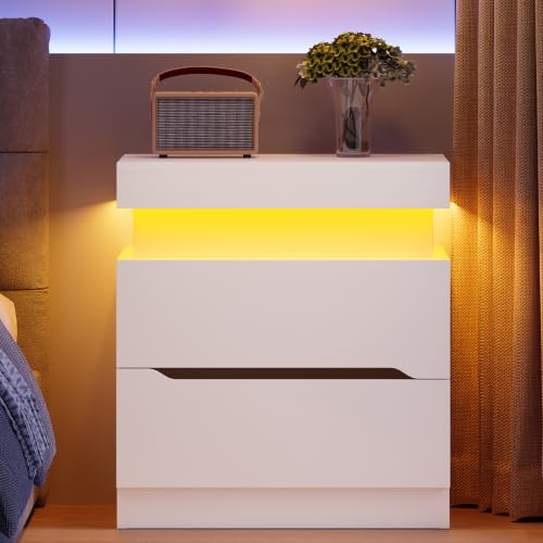 Night Stand with 2 Drawers, Nightstand with App-Controlled Adjustable LED Light, Bedside Table with Slidable Hidden Storage Space, Modern Nightstands for Bedroom,White - color: Unbzx031wd-zf