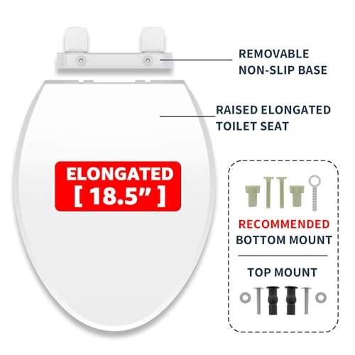 ELONGATED toilet seat risers for seniors, Slow Close, Elevated toilet seat, Heavy Duty, Never Loosen, Raised toilet seat elongated bowl, White(18.5”)