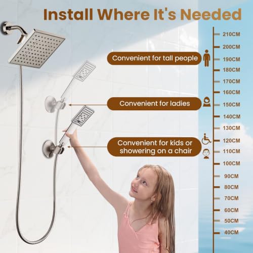 BRIGHT SHOWERS Rain Shower Head with Handheld Spray, 8 Inch Rainfall Shower Head Combo with 60" Hose, Adjustable Dual Square Showerhead Set with 3-Way Diverter, Wall Bracket, Brushed Nickel - color: Brushed Nickel, style: Dual Shower Head