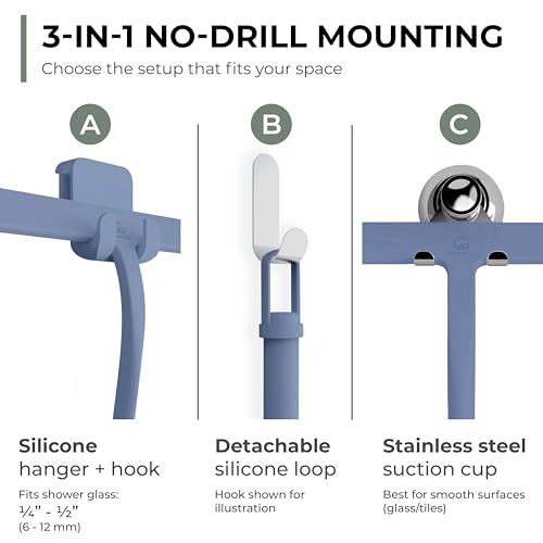 Silicone Shower Squeegee for Glass Doors & Mirrors with Stainless Steel Core, Streak-Free & No-Squeak Window Cleaning, 3-in-1 No-Drill Mount (Hook/Suction/Adhesive),Blue, 11 Inches | Streak-Free & No-Squeak Window Cleaning, Stainless Steel Core, Hook/Suct