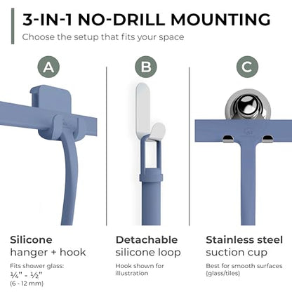 Silicone Shower Squeegee for Glass Doors & Mirrors with Stainless Steel Core, Streak-Free & No-Squeak Window Cleaning, 3-in-1 No-Drill Mount (Hook/Suction/Adhesive),Blue, 11 Inches | Streak-Free & No-Squeak Window Cleaning, Stainless Steel Core, Hook/Suct
