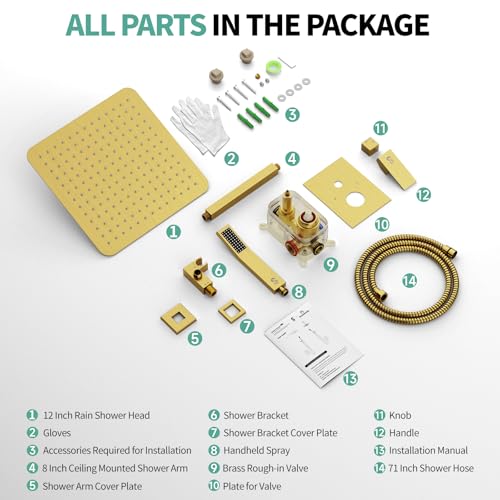 SR SUN RISE 12 Inch Ceiling Mounted Shower System Rain Mixer Shower Combo Set Rainfall Shower Head System Brushed Gold Shower Faucet Trim Repair Kits with Shower Rough-in Valve Body and Trim - color: Brushed Gold, style: 12 inch