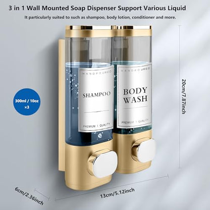 Shampoo and Conditioner Dispenser, 2 Chamber 300ml, Wall Mounted, Gold | Shower Soap Dispenser, Refillable Hand Soap Dispensers, Body Wash Dispenser for Bathroom, Kitchen, Hotel, Home - color: Gold, size: 2 Chamber