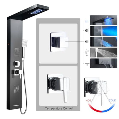 5-in-1 LED Shower Panel Tower System Stainless Steel Black | LED waterfall + rainfall | 2-in-1 body jets | Handheld shower | Bathtub filler | Wall mount - color: Black