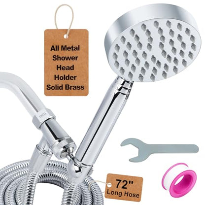 All Metal Shower Head with Handheld; Flexible Long Hose High Pressure Spray | 1 Setting Stainless Steel Shower-Head, Solid Hand Held Showerhead Sprayer Holder with Wide-Angle Adjustment, Premium Chrome - color: Premium Chrome