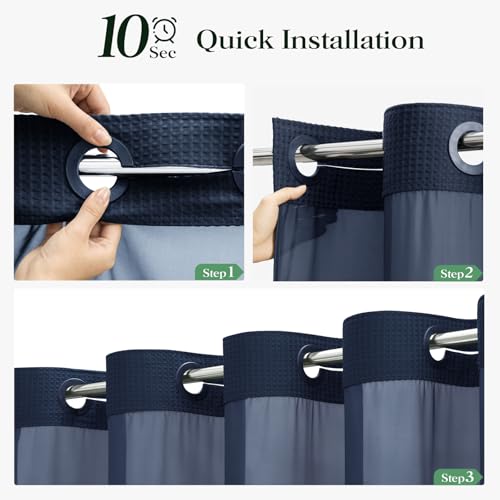 Navy Blue Hook Free Waffle Shower Curtain & Snap-in Liner,54x81 | Less Time to install, 3 in 1 Fabric Shower Curtain and Liner Set with Magnets, Stall, Long, Shower Curtains for Bathroom - color: B Navy Blue, size: 54"W x 81"L (Pack of 1)