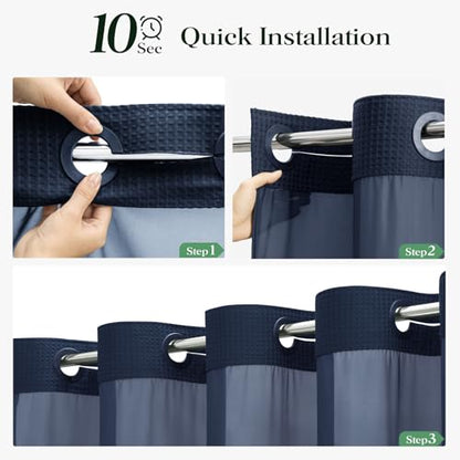 Navy Blue Hook Free Waffle Shower Curtain & Snap-in Liner,54x81 | Less Time to install, 3 in 1 Fabric Shower Curtain and Liner Set with Magnets, Stall, Long, Shower Curtains for Bathroom - color: B Navy Blue, size: 54"W x 81"L (Pack of 1)