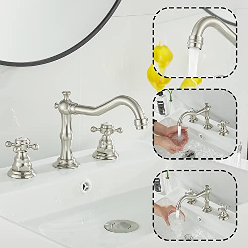 2 Handles 3 Holes Faucet Widespread Bathroom Sink Faucet Brushed Nickel Basin Tap Mixer Faucet Matching Pop Up Drain - color: Brushed Nickel, style: Ceramic Cover