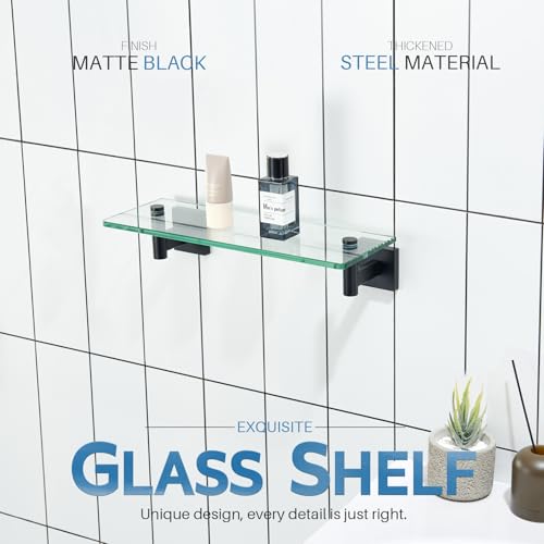KOKOSIRI Bathroom Shelves Glass Floating Shelf 12-Inch for Bedroom Living Room Kitchen Hanging Rack Rustproof Wall Mounted Black 2 Pack B1105BK-L12-P2 - color: Matte Black, size: 12-Inch(2 Pack)