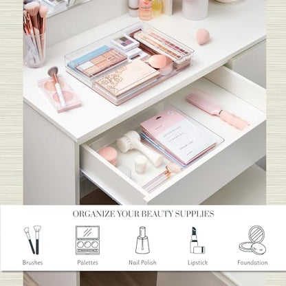 STORi SimpleSort 2-Piece Stackable Clear Drawer Organizer Set | 12" x 9" x 2" Rectangle Trays | Wide Makeup Vanity Storage Bins and Office Desk Drawer Dividers | Made in USA - size: 12x9x2"