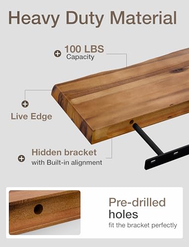 BATODA 17” Acacia Live Edge Floating Shelves, Wooden Floating Shelves for Wall - Set of 2 Floating Book Shelves, Book Shelf for Wall, Bathroom, Kitchen - Mounted Shelf, House Decor with Hardware | Acacia Wood, Live Edge Design, Concealed Brackets, 100 Lb