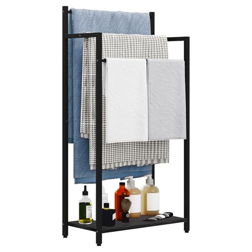 16.9" W Freestanding Towel Rack with Black Wood Shelf | 3 Tier Blanket Ladder Stand for Bathroom Living Room, Metal Frame,31.5"H x 16.9"W x7.9"D - color: Black, size: 31.5"H x 16.9"W x7.9"D