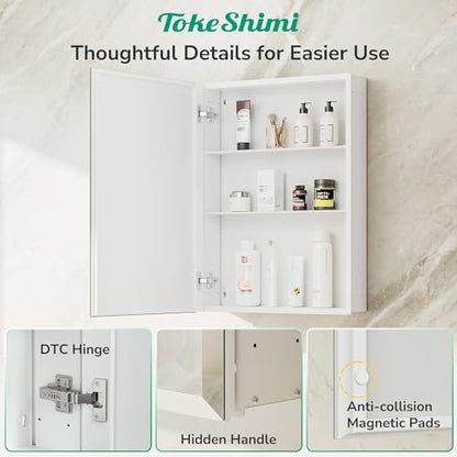 16 x 20 Mirrored Medicine Cabinet, Tempered Beveled Mirror, White Medicine Cabinet with Mirror, Assembly Required, Stepless Adjustable Shelves, Recessed/Wall Mount