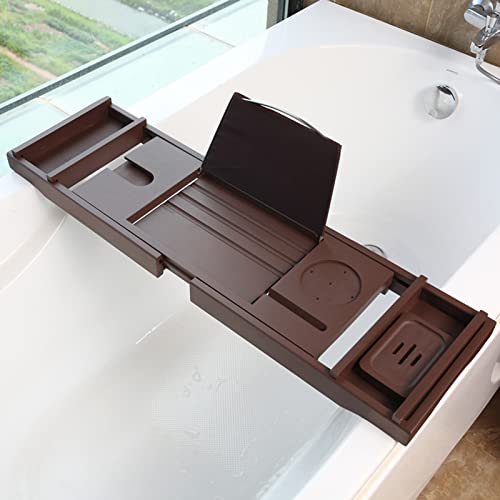 Expandable Bamboo Bathtub Tray Caddy with Wine Glass & Tablet Holder - Luxury Bathroom for Relaxing Baths Perfect for Reading & Enjoying Drinks-Brown