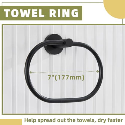 Matte Black Bathroom Hardware Set, 2-piece, 304 Stainless Steel | Bathroom Accessories Set for Bathroom Restroom, 180° rotating Towel Ring, Open-arm Toilet Paper Holder, Drilling Mounted - color: Matte Black Oval Shape